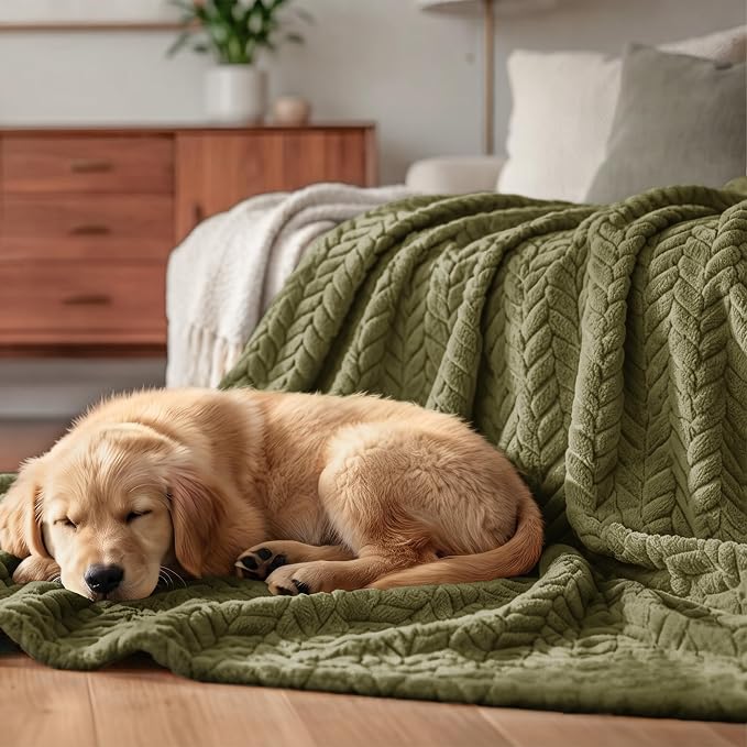 Exclusivo Mezcla Soft Fleece Bed Blanket Twin Size, 60”x80”, Olive Green | Cozy Fluffy Lightweight Blankets for Summer, Decorative Plush Flannel Throws for Living Room, Bedroom with Leaves Pattern