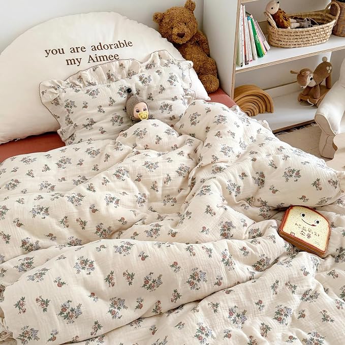 Muslin Floral Duvet Cover for Toddler Girls, Chic Shabby Aesthetic Kids Duvet Covers with Ruffles, All Seasons Gauze Cotton Toddler Bed Comforter Cover with Zipper, 47"x59", No Pillowcases