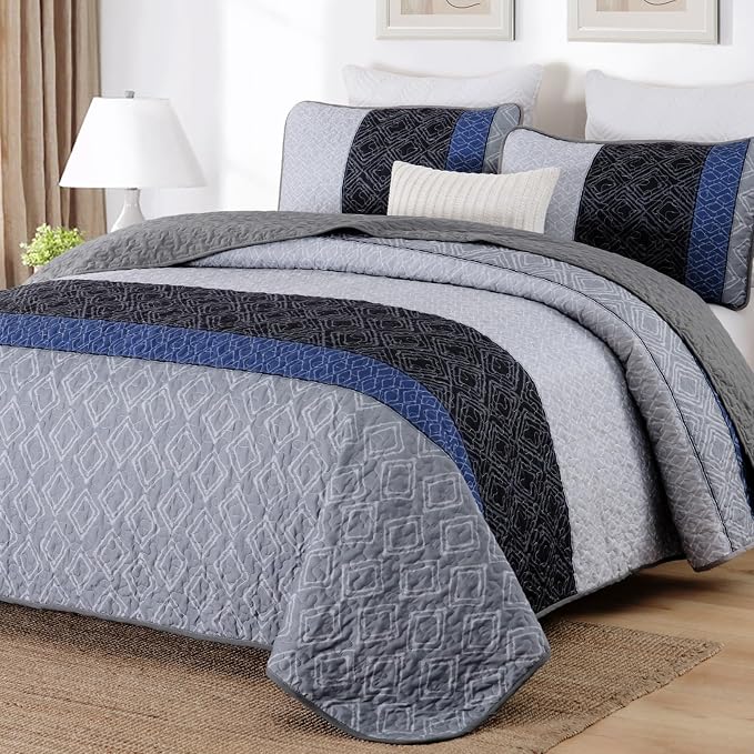 Cottolester Quilts Queen Size,3 Pieces Boho Gray Blue Striped Bedspread Set | Farmhouse Patchwork Bedspreads Covrtlet Set for Men Women,Soft Microfiber Lightweight Quilt Bedding Set Set for All Season