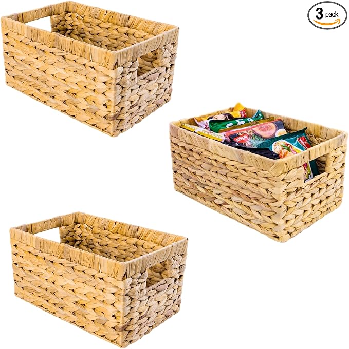 M4DECOR Set of 3 Rectangular Wicker Storage Baskets for Shelves | Water Hyacinth Storage Baskets, Pantry Baskets for Organizing, Handwoven Wicker Baskets for Storage