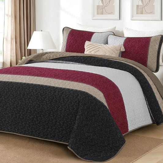 Cottolester Quilts Queen Size,Black Red Striped Bedspread Coverlet Set | Lightweight Patchwork Quilted Bedding Set with 2 PillowShams,Soft Microfiber,All Seasons Quilts Queen Size for Bed 96"x90"