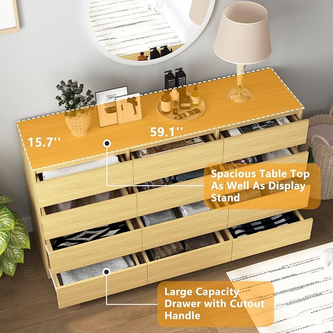 Vibe & Dine 12 Drawer Dresser, 59.1" Large Dresser for Bedroom Free Handle, Modern Wooden Chest of Drawers with Wide Storage for Living Room, Natural Wood