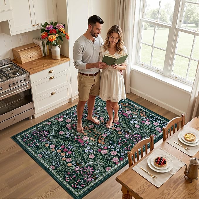 PLHXFR Area Rug Living Room: 3x5 Floral Washable Boho Carpet Dark Green | For Bedroom Dining Room Farmhouse Nursery Hallway,Vintage Floral,Machine washable,Non Slip,Stain Resistant,Large Indoor