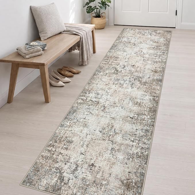 2.6x14 Washable Runner Rug:Modern Abstract Indoor Soft Carpet Brown | For Hallway, Bedroom, Kitchen, Laundry, Bathroom,Door Mat,Modern Abstract,Machine washable,Non-Slip,Stain Resistant,Indoor