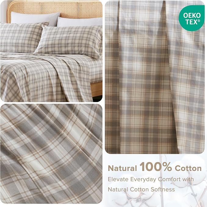 Comfort Spaces 100% Cotton Percale Sheets Full Size 4 Piece, Wesley Taupe | Crisp, Cool & Breathable Bed Sheets, 14" Deep Pocket Fits Up to 16" Mattress, Lightweight, All Season Cozy, with Pillow Case