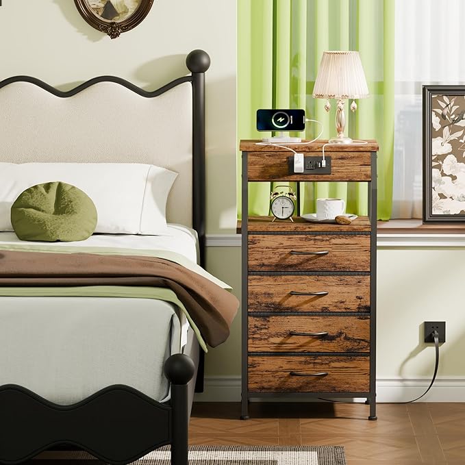 Furnulem Night Stand with Charging Station, 4 Drawers Tall Bedside Table | Small Rustic Brown Dresser, 33.3 Inch Tall Dorm Nightstand, Fabric Drawers, Storage Tower for Closet, Bedroom, 3 Ways to Use