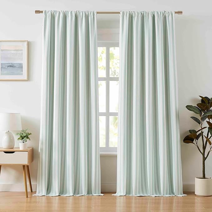 ZJDECOR 84 Inches Long Green White Stripe Full Blackout Curtains Rod Pocket | Cotton Blend Room Darkening Striped Drapes,Farmhouse Window Treatment,Living Room Bedroom,Back Tab,55"Wx84"L(Pack of 2)