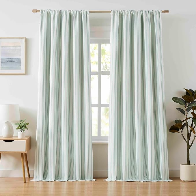 ZJDECOR Green White Striped Full Blackout Curtain Panels 90 Inches Long | Stripes on White Cotton Blended Fabric with White Liner,Cottage Style Drapes for Bedroom,Back Tab Rod Pocket,55"Wx90"Lx2