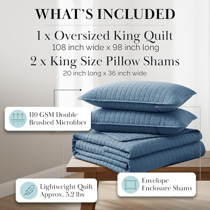 Southshore Fine Living, Inc. Summer Quilt King Size Bedding Set with 2 Pillow Shams, Lightweight Bedspreads King Size, Blue Coverlet Quilted Bedspread, Pet Hair Resistant Bedding, Coronet Blue Quilt