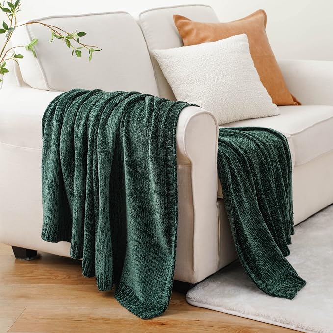 Dark Green Throw Blanket, Chenille Throw Blanket for Couch Bed 51"x67" | Shiny Chenille Blanket, Christmas Green Knit Throw Blanket, Soft Warm Chenille Knitted Blanket for Home Decor