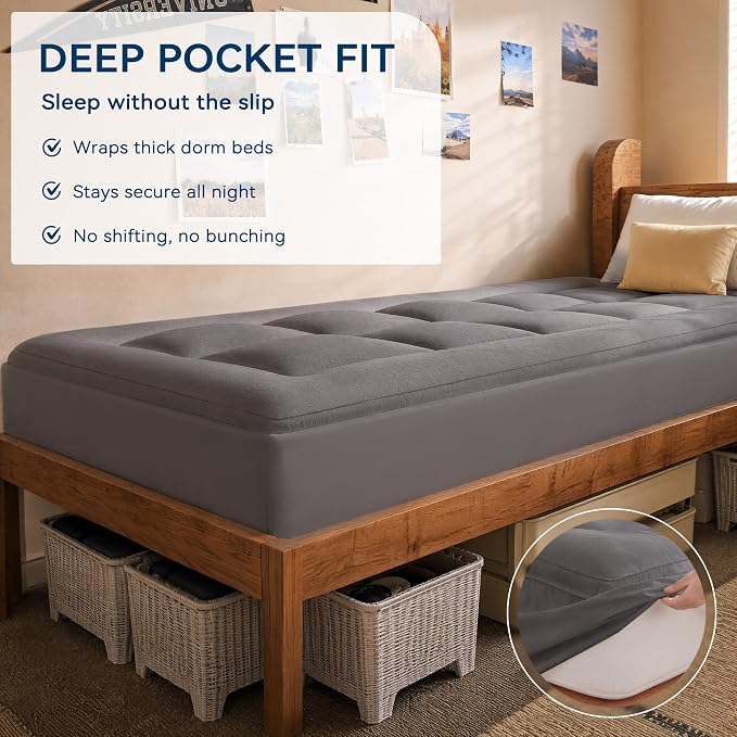 BDEUS Dual Layer 5 Inch Memory Foam Mattress Topper Twin XL Size for Dorm Room, 2 Inch Gel Memory Foam Plus 3 Inch Pillow Top Mattress Pad Cover,Back to School Essentials, Dark Gray