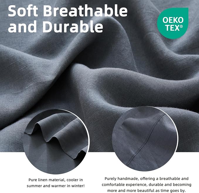 100% Linen Sheets Set King Size, Natural Pure Flax 4 Piece Bed Sets, 16" Deep Pocket, Breathable Cooling Bed Soft Durable Bedding, Machine Washable (Gray,King)