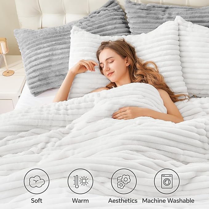 BEDELITE Fleece Full Comforter Set, Fluffy Bed Set, Bright White | Super Soft & Warm Bedding, Luxury Fuzzy Faux Fur Comforter for Winter, Heavy Plush Bedding, with 2 Pillowcases