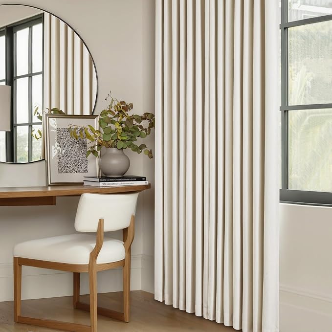Cream Beige Linen Pinch Pleat Black Out Curtains 84 Inch Length 2 Panels | 2 Layer for 100% Blackout, Pinch Pleated with Hooks Rings Track Back Tab, Room Darkening Soundproof, for Bedroom Living Room