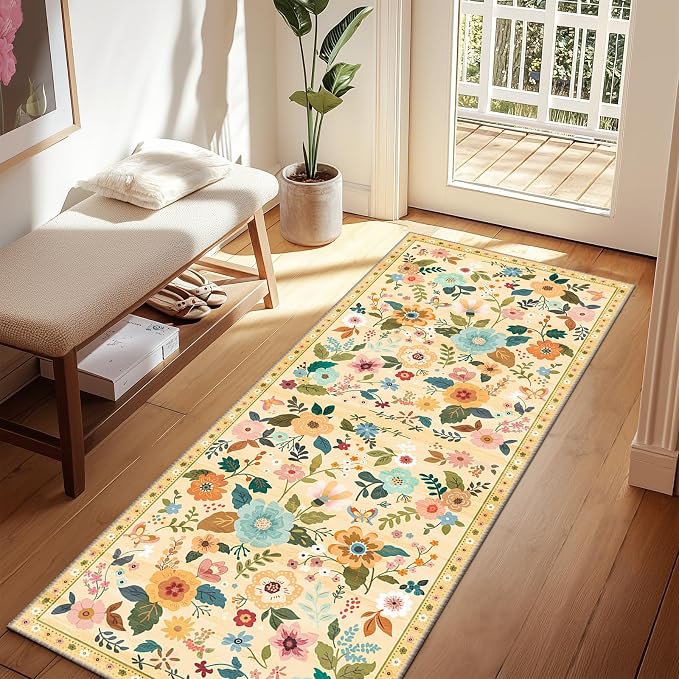 Floral Washable 2x6 Area Rugs Runner Entryway Hallway Yellow/Orange | Flower Carpet, Print, Boho, Non-Slip, Easy to Clean, Low Pile, Soft, for Living Room Bedroom Kitchen Office Entrance
