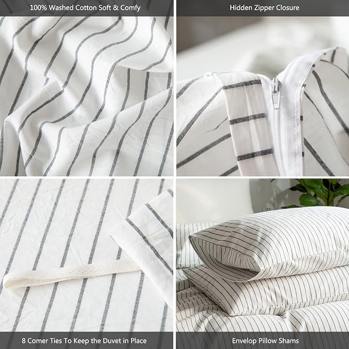 MooMee Striped Duvet Cover Set 100% Washed Cotton Linen Like | Relaxed Linen-like Texture. Soft, Breathable & Long-lasting Comfort. Lightweight. Hidden Zipper with 8 Interior Corner Ties