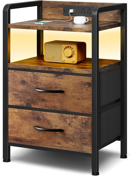 Lazzanto Nightstand with Rear Charging Station, LED Light, 2 Drawers, Brown | Industrial Nightstand, 2 USB-A Ports & AC Outlets, Raised Back Guard, Fabric Storage Drawers, Bedside Table for Bedroom, Dorm
