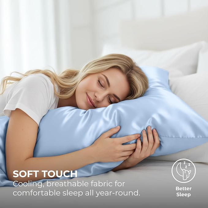 Pure Bedding Satin Pillowcase 2 Pack - King Size (20"x40", Baby Blue) - Silky Pillow Cases for Hair and Skin - Satin Pillow Covers with Envelope Closure - Extra Soft Premium Microfiber