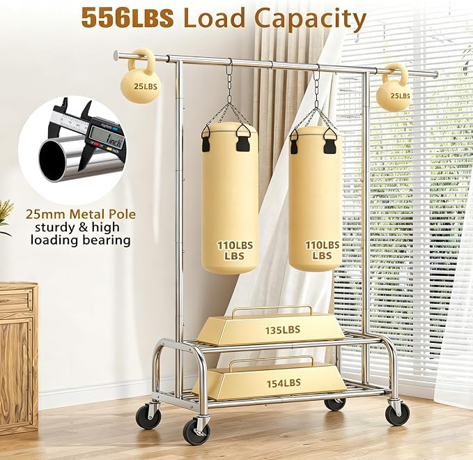 Simple Trending Heavy Duty Clothes Rack, Garment Rack with Extendable Side Rods & Bottom Shelves, 25mm Metal Clothing Rack with Wheels, Bedroom, Laundry Room, Silver