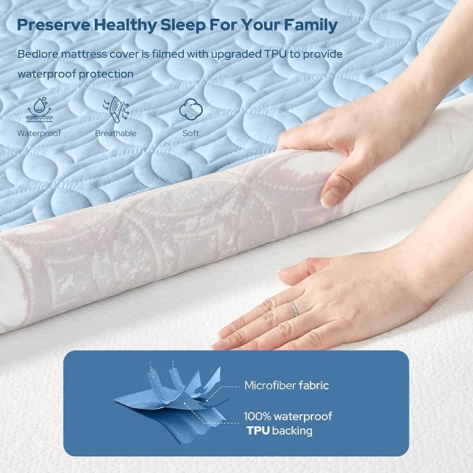 BEDLORE Waterproof Mattress Protector, Twin XL Size Mattress Pad | Deep Pockets Fit 6"-15" Mattresses, Soft Breathable Dirt-proof Bed Mattress Cover for Bedroom, College Dorm (Sky Blue)