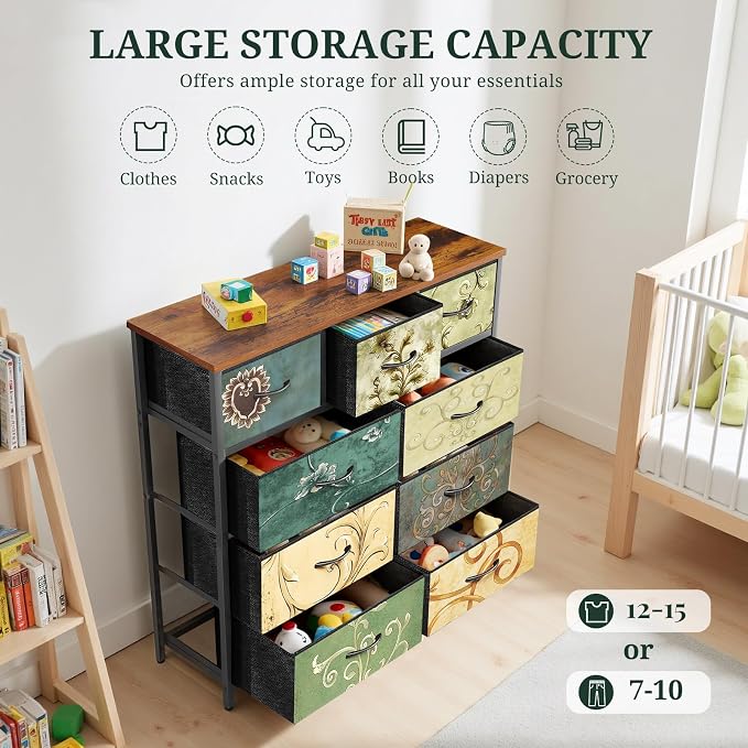 9-Drawer Dresser for Bedroom, Anti-Tip Tall Storage Organizer | Chest of Drawers with Wooden Top and Metal Frame Fabric Bins for Closet, Living Room, Hallway, Entryway, Floral Painted