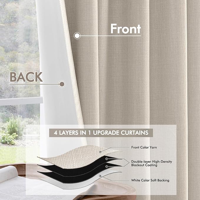 MIULEE 100% Blackout Back Tab Pleat Linen Curtains 50" Wx84 L,Beige | 2 Panels,Thick Faux Linen,Textured Drapes,with Hooks,for Bedroom Living Room,Black Out,Room Darkening