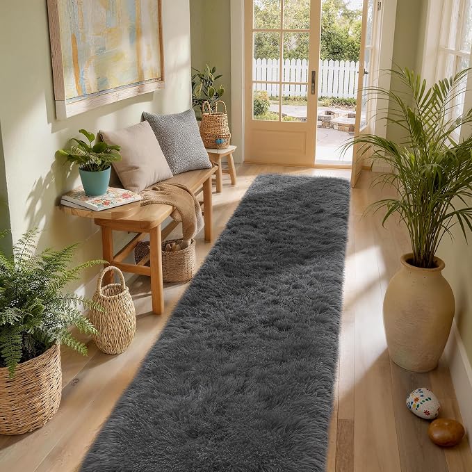 Ophanie Runner Rug for Hallway,2.5x12 Washable Non-Slip Fluffy Soft Bedside Rugs,Bedroom Living Room Shaggy Carpet for Kids Girls Boys Dorm Nursery Decor Aesthetic, Grey with Over 99 pcs Pile fibers