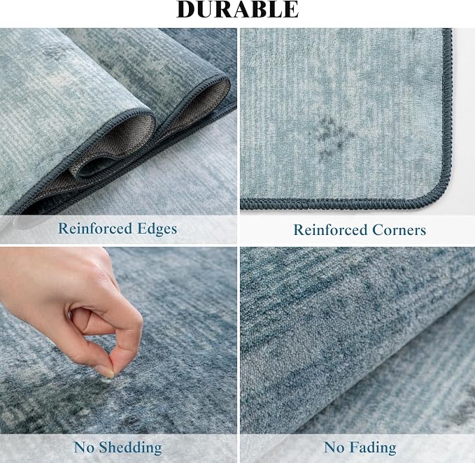 5x7 Washable Area Rug, Blue Solid Area Rugs for Living Room & Bedroom | Stain-resistant & Non-slip backing,Low Pile Washable Large Carpet, Solid Vintage Style For High Traffic Areas(5x7,Blue)