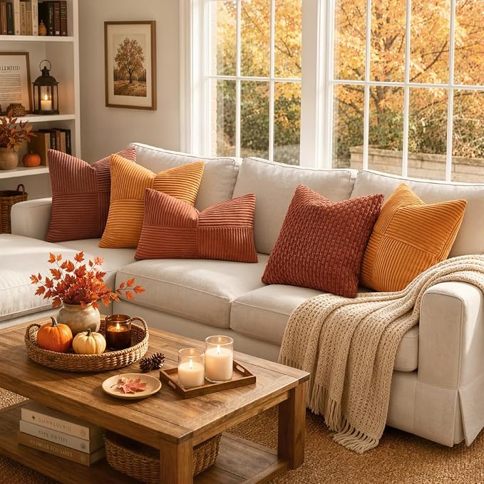 MIULEE Fall Burnt Orange Decorative Throw Pillow Covers for Couch 16x16 in | 2 Pack, Boho Farmhouse Pillow Covers, Soft Cross Corduroy Patchwork Textured Cushion Cases For Bed Sofa