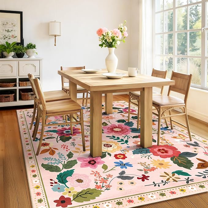 RELEANY Floral Washable 8x10 Area Rugs Pink | Flower Carpet, Print, Boho, Non-Slip, Easy to Clean, Soft, Low Pile for Living Room Bedroom Kitchen Office Entryway Hallway