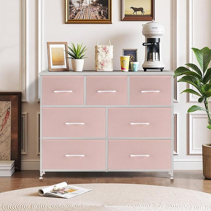 7-Drawer Dresser for Bedroom, Anti-Tip Wide Storage Organizer Fabric | Chest of Drawers TV Stand for 45" TV with Wooden Top and Metal Frame for Closet, Living Room, Hallway, Entryway, Pink