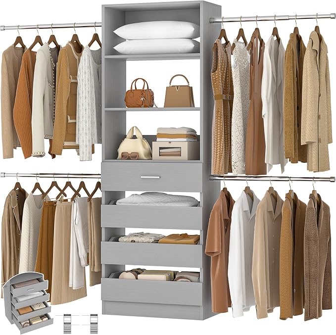 Aheaplus Closet System, 4-9Ft Closet Organizer with 4 Wooden Drawers, Grey | Wood Closet Organizer System with Tower, Walk-in Closet Organizer Wardrobe Clothes Rack with 4 Hanging Rods, Garment Rack