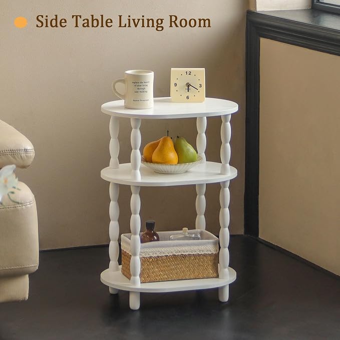 MaxSmeo White Side Table, 3-Tier Small Oval End Table, Modern Night Stand Wood Accent Table for Living Room, Bedroom, White