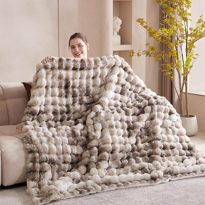 60x80 Inches Ultra-Soft Fuzzy Faux Fur Plush Twin Size Blanket - Thick, Warm Sherpa for Couch, Sofa, Bedroom, Camping - Decorative Blanket for Cozy Warmth, Bubble Brown Tie Dye
