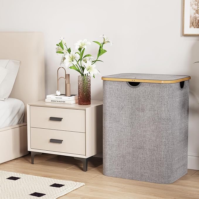 Lifewit 120L Laundry Basket with Lid, Clothes Hampers for Laundry with Bamboo Handles and 2 Removable Bag, Large Foldable Laundry Hamper for Bedroom, Bathroom, Dorm, Laundry Room, Light Gray