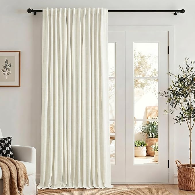 100 Inch Wide Curtain 96 Inches Long 1 Panel Full Blackout Linen for Patio Sliding Door Thermal Insulated Pleated Drape Back Tab Ivory Cream Extra Width 100 x 96 Inch Curtain for Living Dining Room