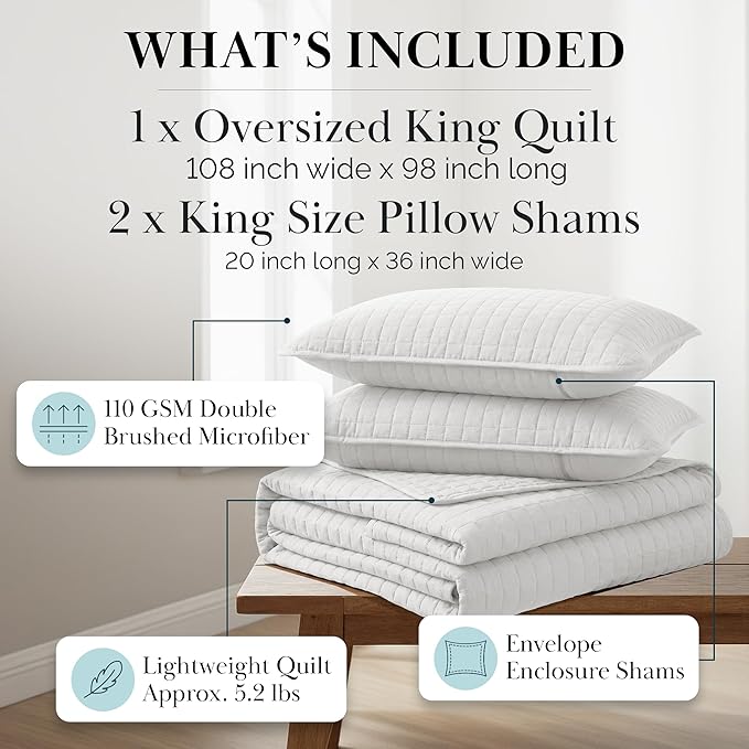 Southshore Fine Living, Inc. Oversized King Quilt Bedding Set with Shams, Lightweight White Coverlet Quilt King Size Bedspread, Luxury Bedding, Bed Spread for California Kings Mattress, White Quilts