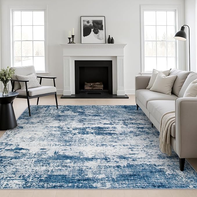Area Rug Living Room: 8x8 Modern Washable Indoor Soft Carpet Blue | For Bedroom Dining Room Farmhouse Nursery Hallway Office,Modern Abstract,Machine washable,Non-Slip,Stain Resistant,Indoor