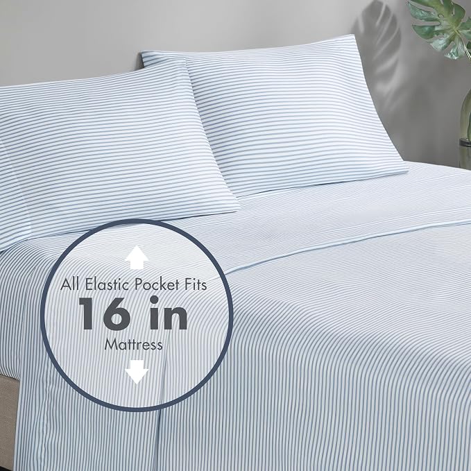 Madison Park Essentials Jaxon Bed in a Bag Comforter Set with Sheet, Printed Stripe Design, Modern All Season Bedding and Matching Sham, King Blue/Grey 7 Piece
