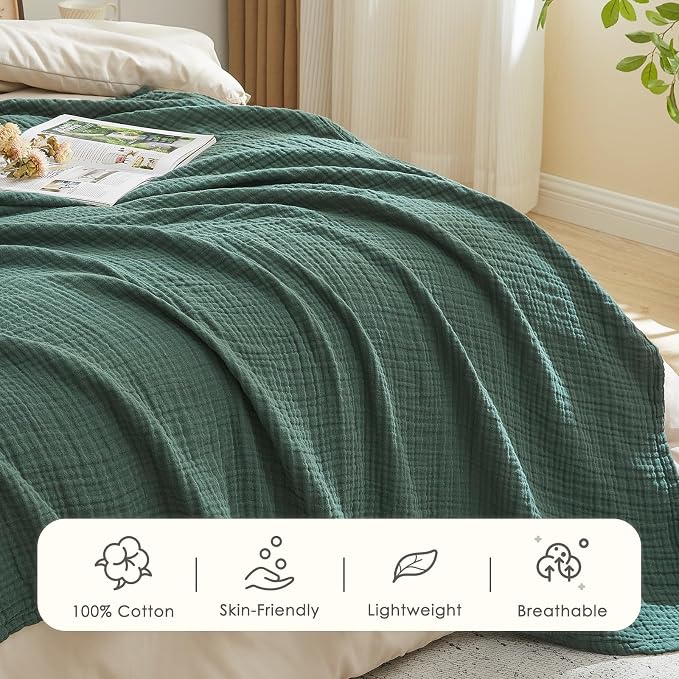 EMME Muslin Blankets for Adults Throw Blanket for Couch Breathable Gauze Soft Lightweight Airy Forest Green Twin 60" x 80"