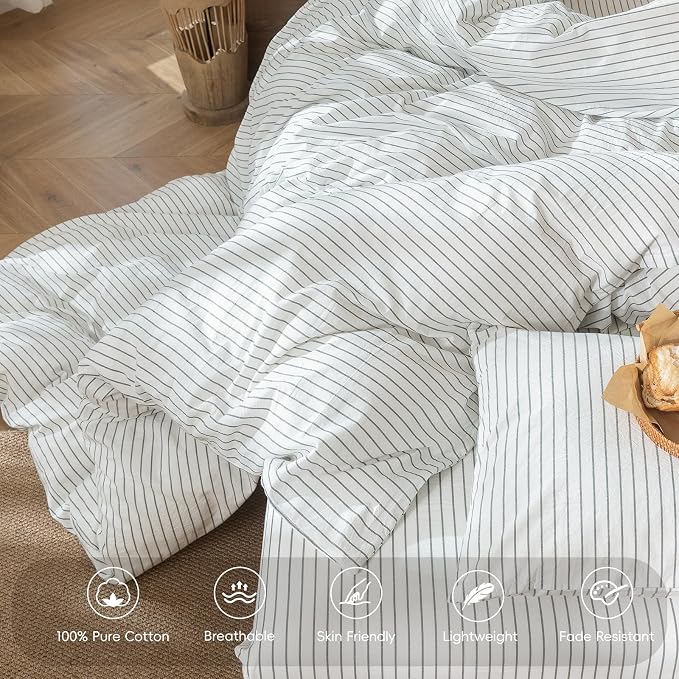 MooMee Striped Duvet Cover Set 100% Washed Cotton Linen Like Oversized King | Relaxed Linen-like Texture. Soft, Breathable & Long-lasting Comfort. Lightweight. Hidden Zipper with 8 Interior Corner Ties