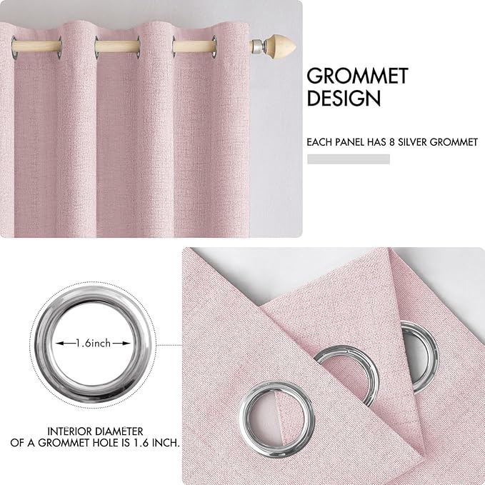 MIULEE 100% Blackout Linen Curtains for Bedroom 52x96 Inches Pink | Room Darkening, Light Blocking, Thermal Insulated, Grommet Top, Linen Textured, Window Curtains for Living Room, 2 Panels