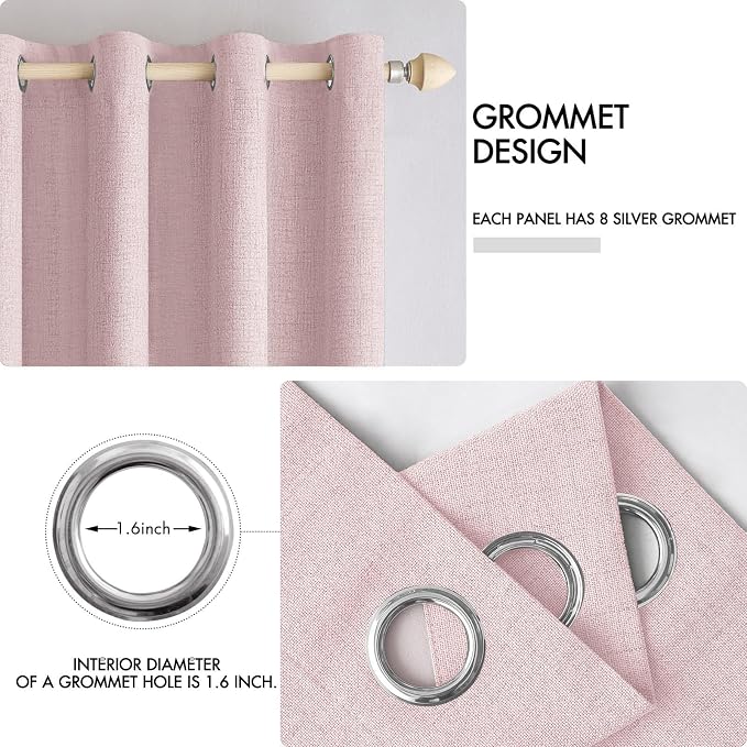 MIULEE 100% Blackout Linen Curtains for Bedroom 52x90 Inches Pink | Room Darkening, Light Blocking, Thermal Insulated, Grommet Top, Linen Textured, Window Curtains for Living Room, 2 Panels