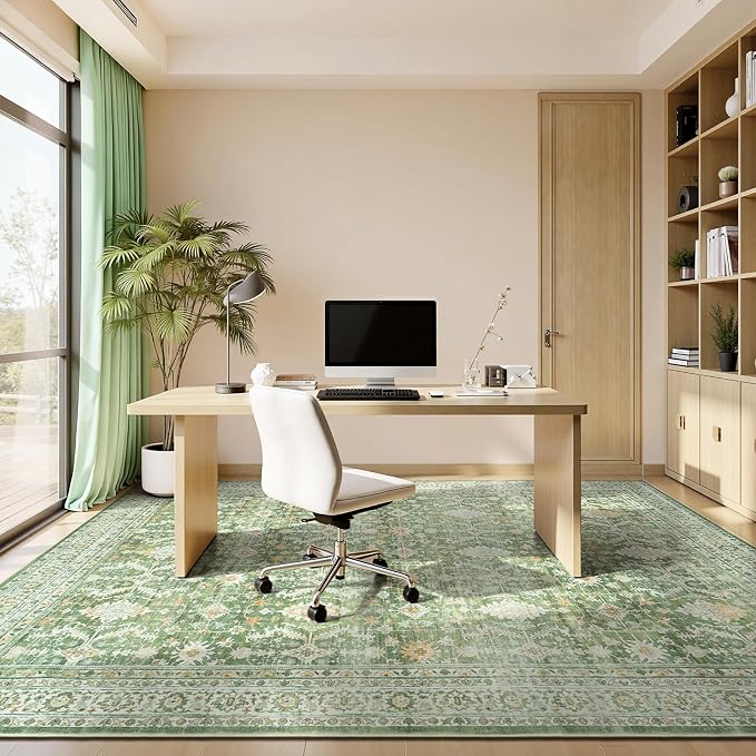 10x14 Area Rugs for Living Room, Washable Large Carpet, Light Green | Soft Rug for Bedroom, Dining Room, Home Office, Indoor, Nursery, Stain Resistant, Non-Slip, Low Pile,Vintage Distressed Rug