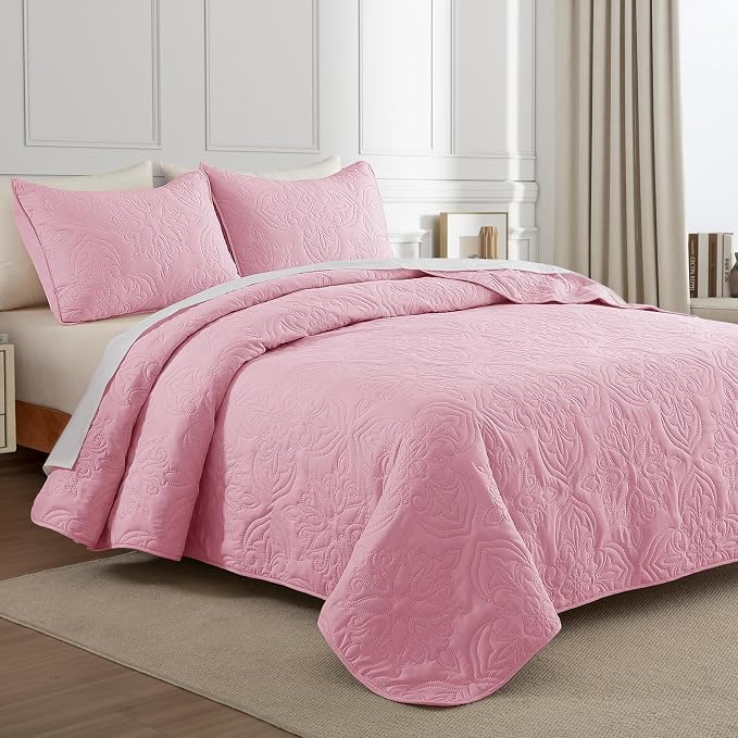 Whale Flotilla King Quilt Bedding Set Vintage Damask Reversible Bedspread | Suitable for Bed, 3 Pieces Pink Lightweight Breathable Quilt King Size, Ultrasonic Coverlet Bed Cover with 2 Pillow Shams