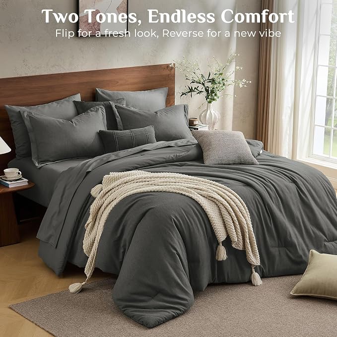 JOLLYVOGUE Dark Grey King Comforter Set, Cationic Dyeing Bed in a Bag King 7 Pieces, Double-Tone Bedding Set with Down Alternative Comforter, Sheets, Pillowcases & Shams