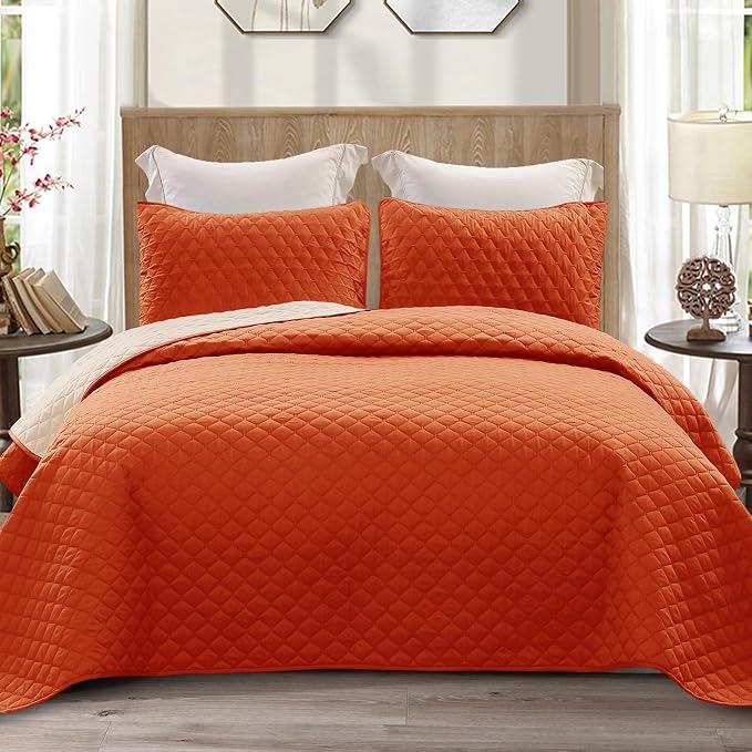 Exclusivo Mezcla Reversible King Size Quilt Bedding Set, Burnt Orange | Lightweight Bedspreads with 2 Pillow Shams, Soft Microfiber, All Season Bed Coverlets for Bedroom Guest Room, 104x96 Inch