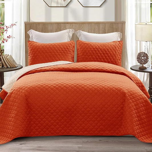 Exclusivo Mezcla Reversible King Size Quilt Bedding Set, Burnt Orange | Lightweight Bedspreads with 2 Pillow Shams, Soft Microfiber, All Season Bed Coverlets for Bedroom Guest Room, 104x96 Inch