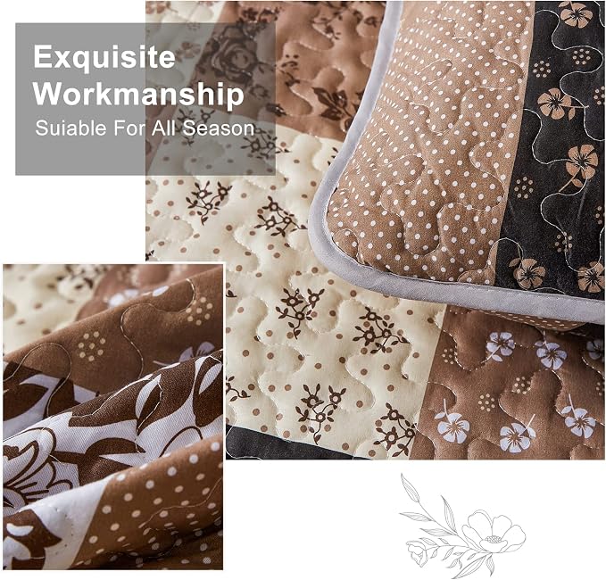 Mybedsoul Brown Quilt California King, Patchwork Floral Bedding Set | Soft Lightweight Microfiber Coverlet Set,3 Pieces Plaid Reversible Bedspread, Bed Sets for All Seasons 110"x96"