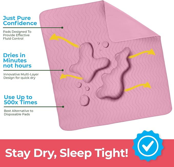4 Pack Waterproof Reusable Heavy Absorbency Incontinence Bed Pads 34"x36" | Utopia Bedding Washable Underpads, Chuck Pads for Adults, Kids, Elderly and Pets, Bedwetting Pads for Sofa and Couch, Pink